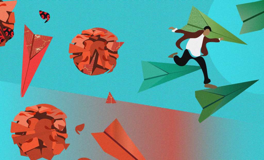 Person in business attire jumps onto green paper airplane while fleeing from sinking red paper airplanes and red crumpled balls of paper. Pieces of paper fall to the ground, and the scene is set against a bright blue backdrop with red at the bottom.